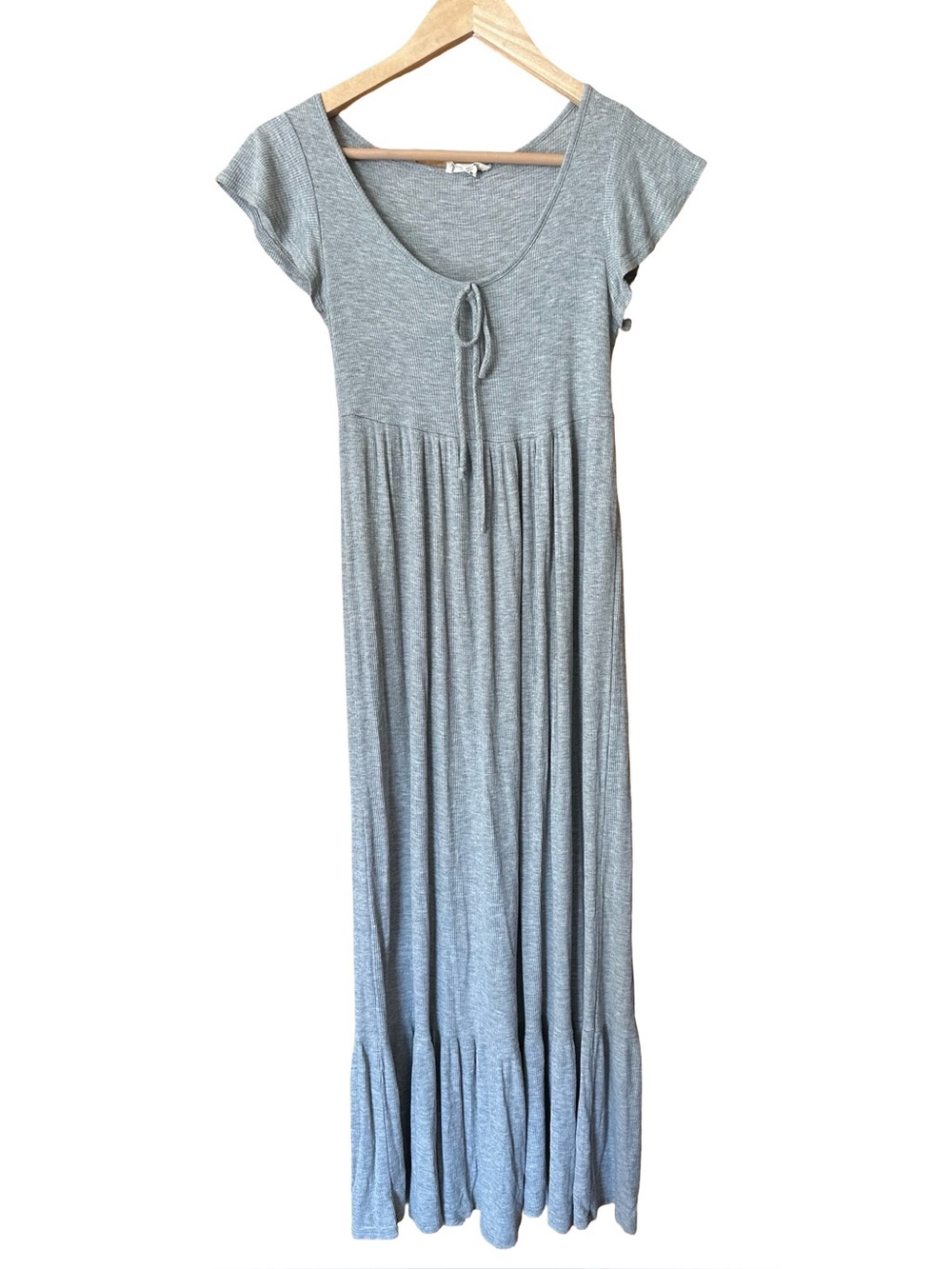 See You Monday Ribbed Scoop Neck Tiered Maxi Lounge Dress Gray Sz S